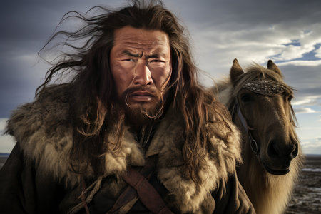 Dramatic portrait of a nomadic warrior in traditional attire with his horse against a scenic skyの素材