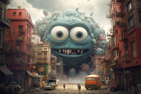 Whimsical illustration of a giant friendly monster peering down a colorful, old-world city streetの素材