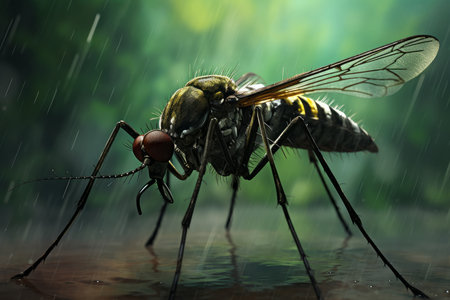 A detailed close-up of a horsefly braving the raindrops on a reflective surfaceの素材