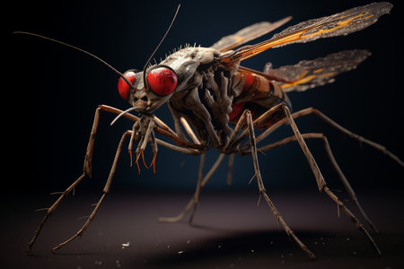 Close-up shot of a housefly with detailed textures against a dark backgroundの素材