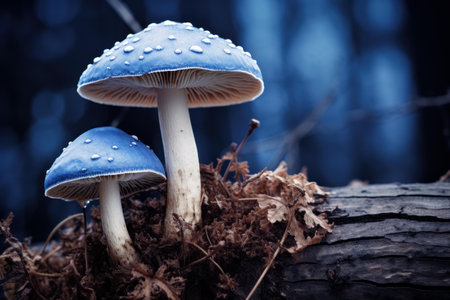Close-up of mystical blue mushrooms with glistening dew on dark woodland backdropの素材