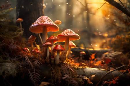 Mystical cluster of mushrooms basks in the warm glow of sunset in an enchanted forest settingの素材