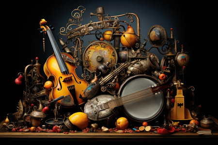 Artistic still life composition with vintage musical instruments, globes, and nautical elementsの素材