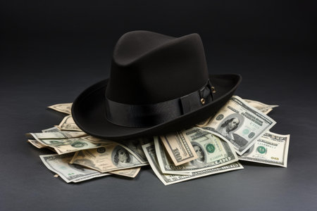 Stylish black fedora rests atop a scatter of american money, implying wealth and mysteryの素材