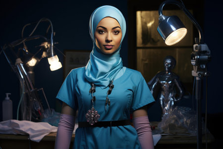 Professional woman in a blue hijab stands in a lab with equipment, exuding confidenceの素材