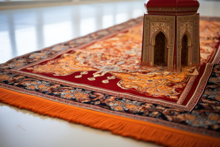 Ornate prayer rug displaying a beautiful islamic architecture model in a serene settingの素材