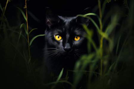 Captivating portrait of a black cat with glowing eyes lurking in the dark amidst greeneryの素材
