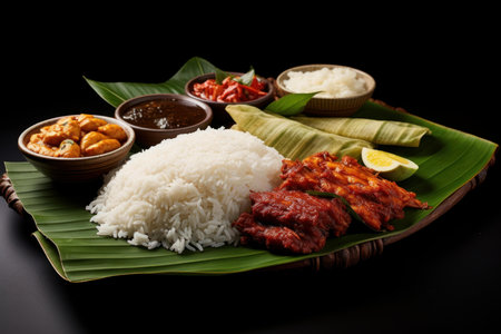 Indian cuisine thali with rice, tandoori chicken, curry, and chutneys on a dark backgroundの素材