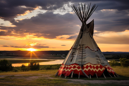 Vivid sunset illuminates the sky behind a beautifully adorned tipi with a scenic landscape backdropの素材