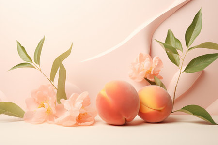 Elegant still life of ripe peaches with soft pink flowers and greenery on a delicate backgroundの素材