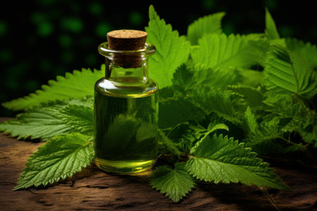 Small glass bottle of nettle oil surrounded by lush green nettle leaves on a wooden surfaceの素材