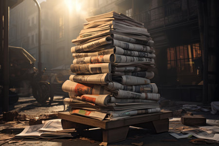 A high pile of fresh newspapers ready for distribution on a quiet city street as the sun risesの素材