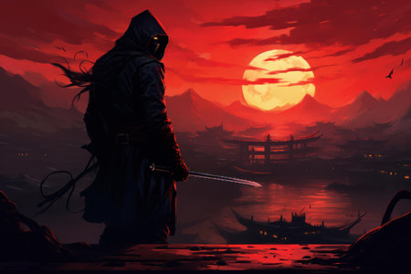 Silhouette of a cloaked figure with a sword stands against a vibrant sunset over an old-world landscapeの素材