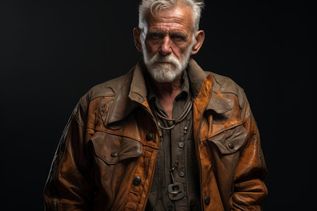 Portrait of a senior man with a rugged face, wearing a vintage leather jacket on a dark backgroundの素材