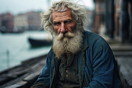 Close-up of a senior man with a weathered face and white beard siting by a canal, expressing a life of experienceの素材