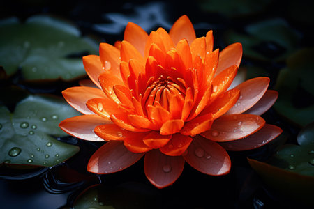 Stunning orange water lily surrounded by lily pads with fresh dewdrops, symbolizing purity and tranquilityの素材