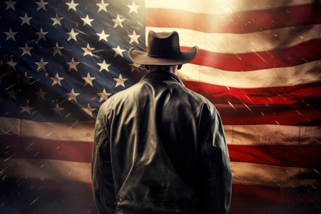 Silhouette of a cowboy with a hat facing the american flag, symbolizing patriotismの素材