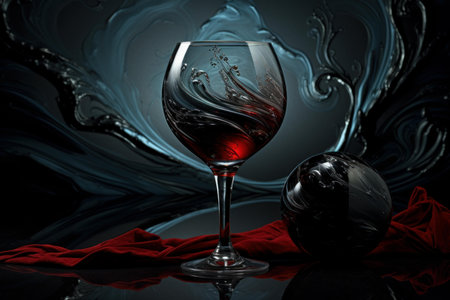 Luxury wine glass with red liquid, accompanied by a decorative sphere and silky fabric, against a dark, artistic backdropの素材