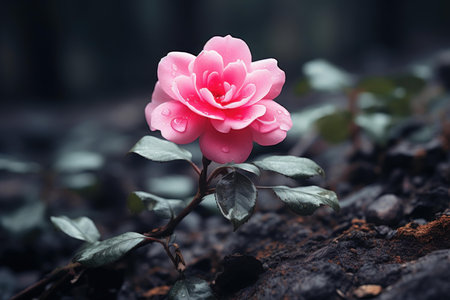 Single pink rose with dewdrops stands out against a dark, moody backgroundの素材