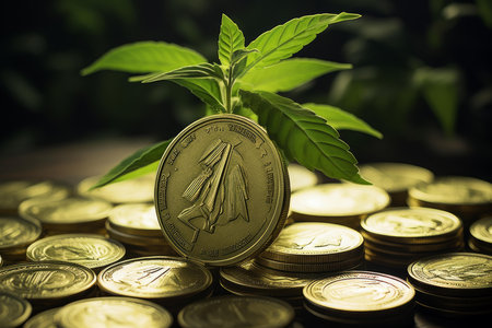 Conceptual image of a plant growing from a bitcoin, symbolizing financial growth and investment in cryptocurrencyの素材
