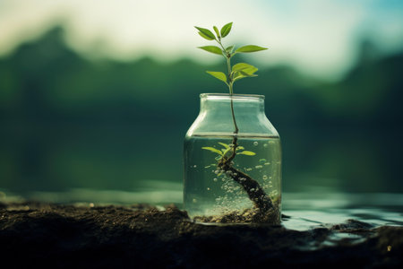 Serene image of a small plant thriving in a glass bottle against a tranquil water backdropの素材
