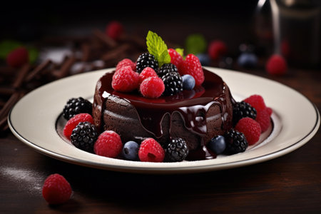 Exquisite chocolate cake topped with glossy ganache and colorful berries on a rustic tableの素材