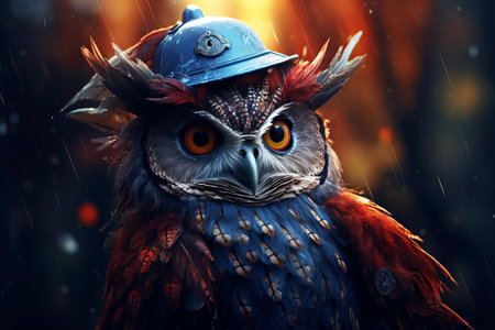 Digital illustration of a colorful owl donning a firefighter helmet against a dramatic, rainy backdropの素材