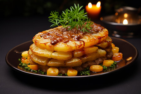 Elegant serving of potato gratin topped with sauce and herbs alongside vegetables on a dark tableの素材