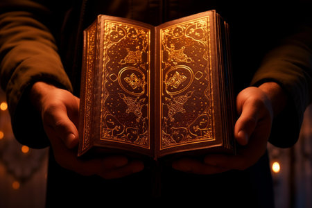 Person holds an old ornate book open, its pages illuminated, evoking a sense of mysteryの素材