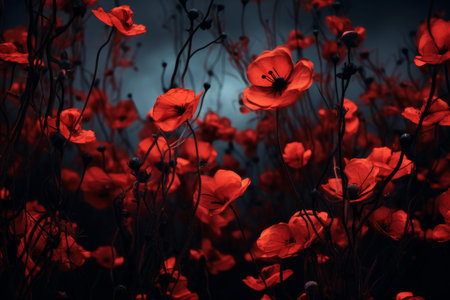 Moody low-key lighting enhances the mystery of a field of red poppies against a dark skyの素材