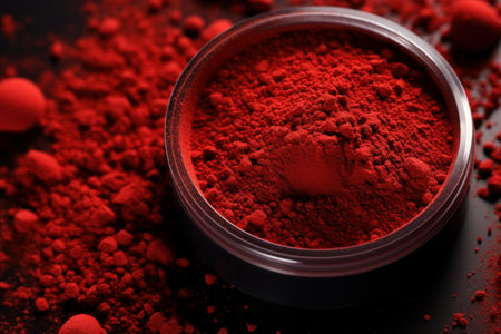 Close-up of a vibrant red powder in a small dish on a dark background, suggesting cosmetics or pigmentsの素材