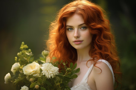 Captivating redhead woman holding a bouquet in a dreamy forest settingの素材