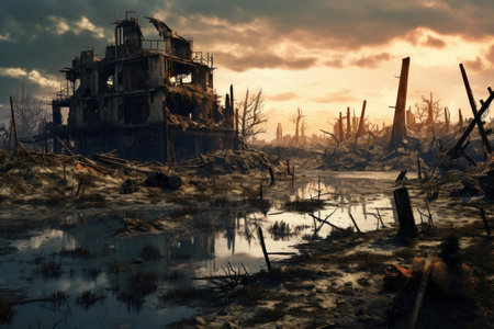 The haunting and atmospheric scene of post-apocalyptic ruins at sunset. With derelict and abandoned buildings amidst a desolate landscapeの素材