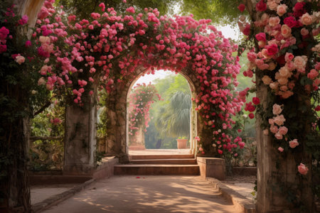 Idyllic scene of a lovely rose arch leading to a serene garden pathの素材