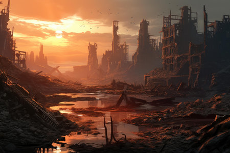 Evocative image of a dystopian sunset silhouette with ruined buildings and desolate landscapeの素材