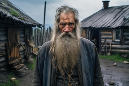 Portrait of a senior man with a gray beard standing in a traditional villageの素材