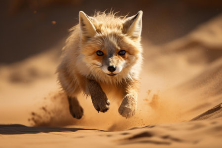 Dynamic close-up of a wild fox running towards the camera on a sandy desert backgroundの素材