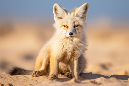 Majestic desert fox sits calmly amid the sandy dunes bathed in the warm golden hour lightの素材
