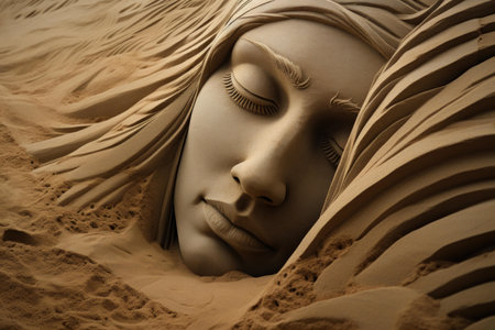 Close-up of an intricate sand sculpture depicting a tranquil womans face, with detailed texturesの素材