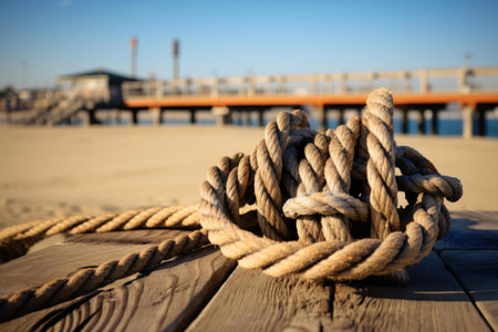 Close-up of thick nautical rope on weathered wood with a serene pier and beach in soft focus backgroundの素材