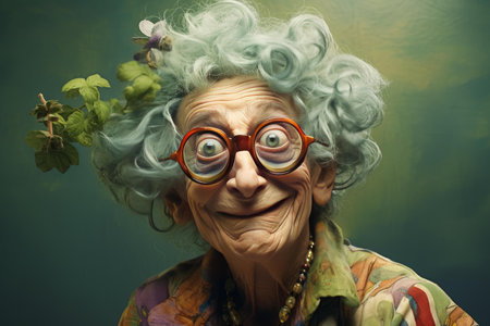 Joyful elderly lady with blue curly hair and oversized glasses posing amusingly with a playful expressionの素材