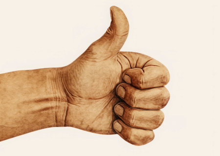Sepia-toned illustration of a hand showing a thumbs up gesture, conveying positive feedbackの素材