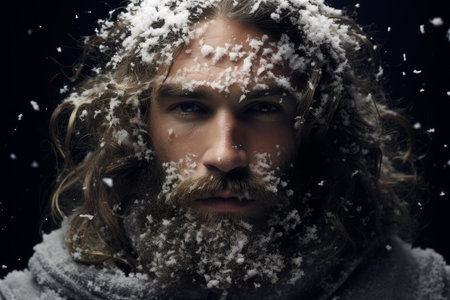 Close-up of a man with snow in his hair and beard, evoking a cold winter atmosphereの素材