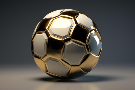 3d-rendered image of a shiny golden soccer ball against a smooth grey backdropの素材