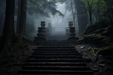 Mysterious foggy staircase in a dense forest evokes a sense of adventure and serenityの素材