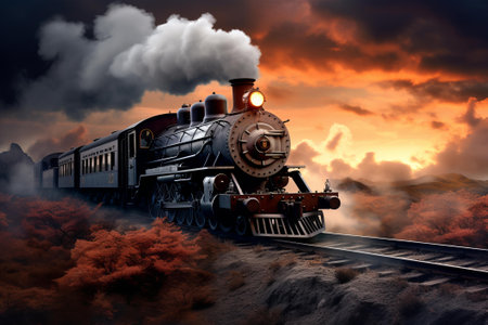 Classic steam locomotive travels across a dramatic landscape against a fiery sunset skyの素材