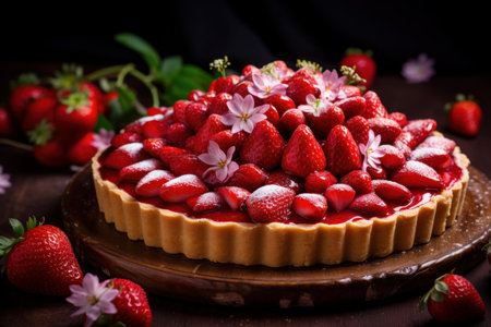 Freshly-baked strawberry tart adorned with edible flowers, served on a wooden boardの素材
