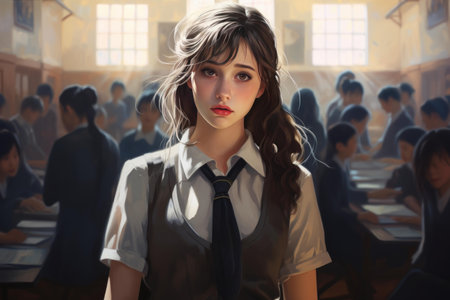 Artistic illustration of a pensive schoolgirl amidst peers, with a luminous backdropの素材
