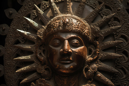 Close-up view of a detailed wooden sculpture of a sun deity with radiant motifsの素材