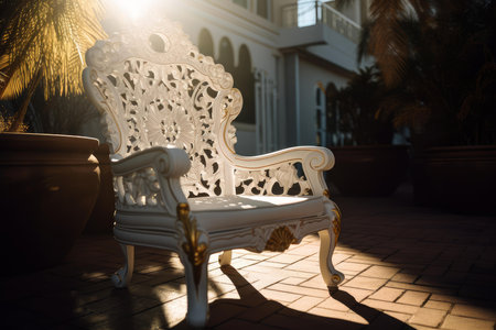 Classic white bench glows with the warmth of the setting sun, creating a tranquil sceneの素材